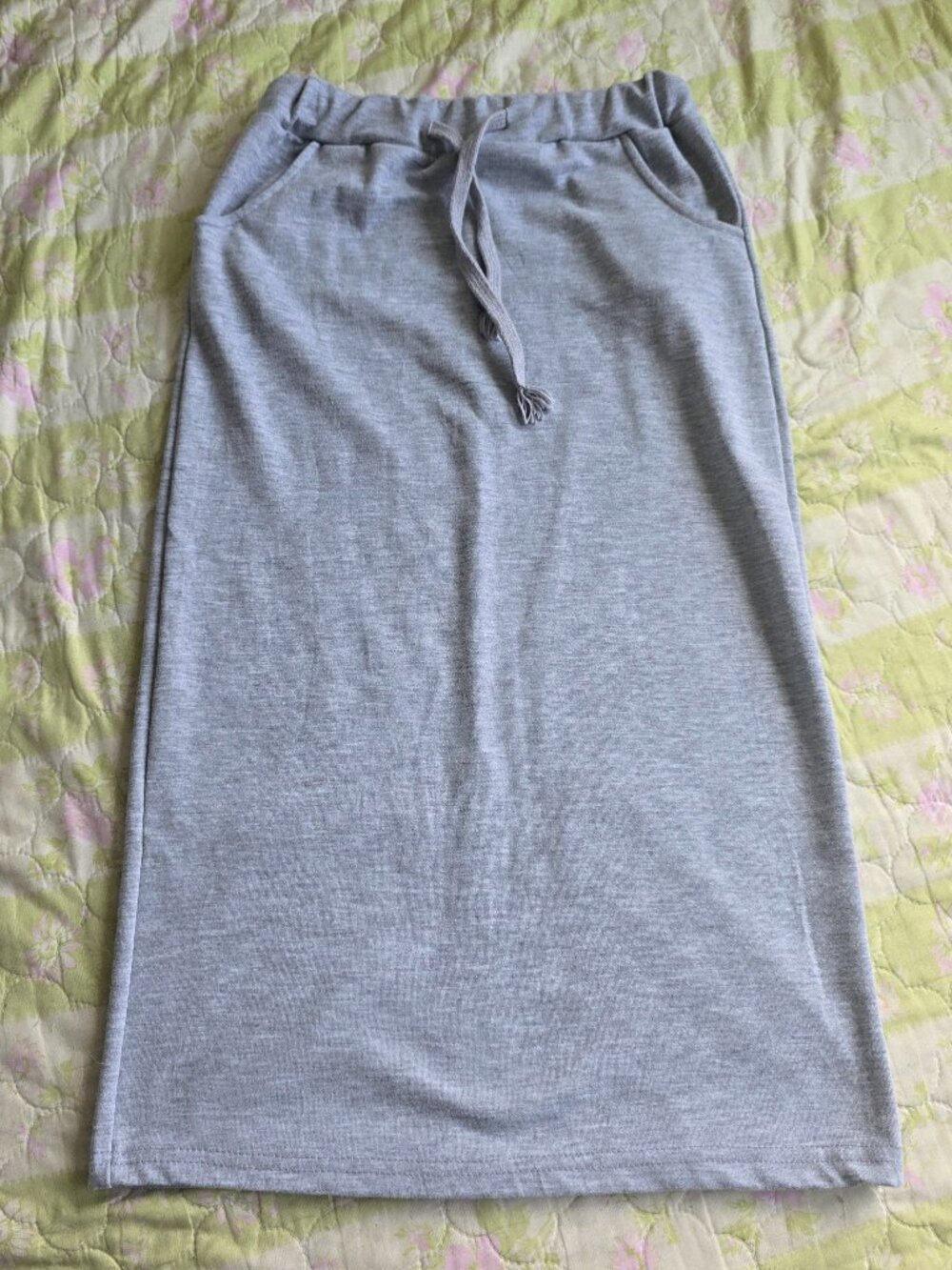 Korean Grey Cotton Blend Drawstring Elastic Waist Slit Midi Maxi Skirt